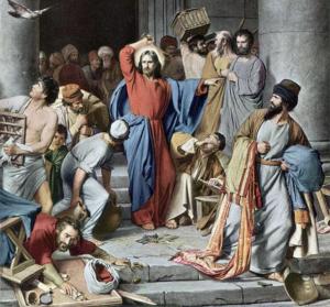 Circa 30 AD, Jesus Christ drives the money changers from the temple, saying that they have made the Lord's house a den of robbers. Original Artwork: Painting by Carl Bloch (Photo by Rischgitz/Getty Images)